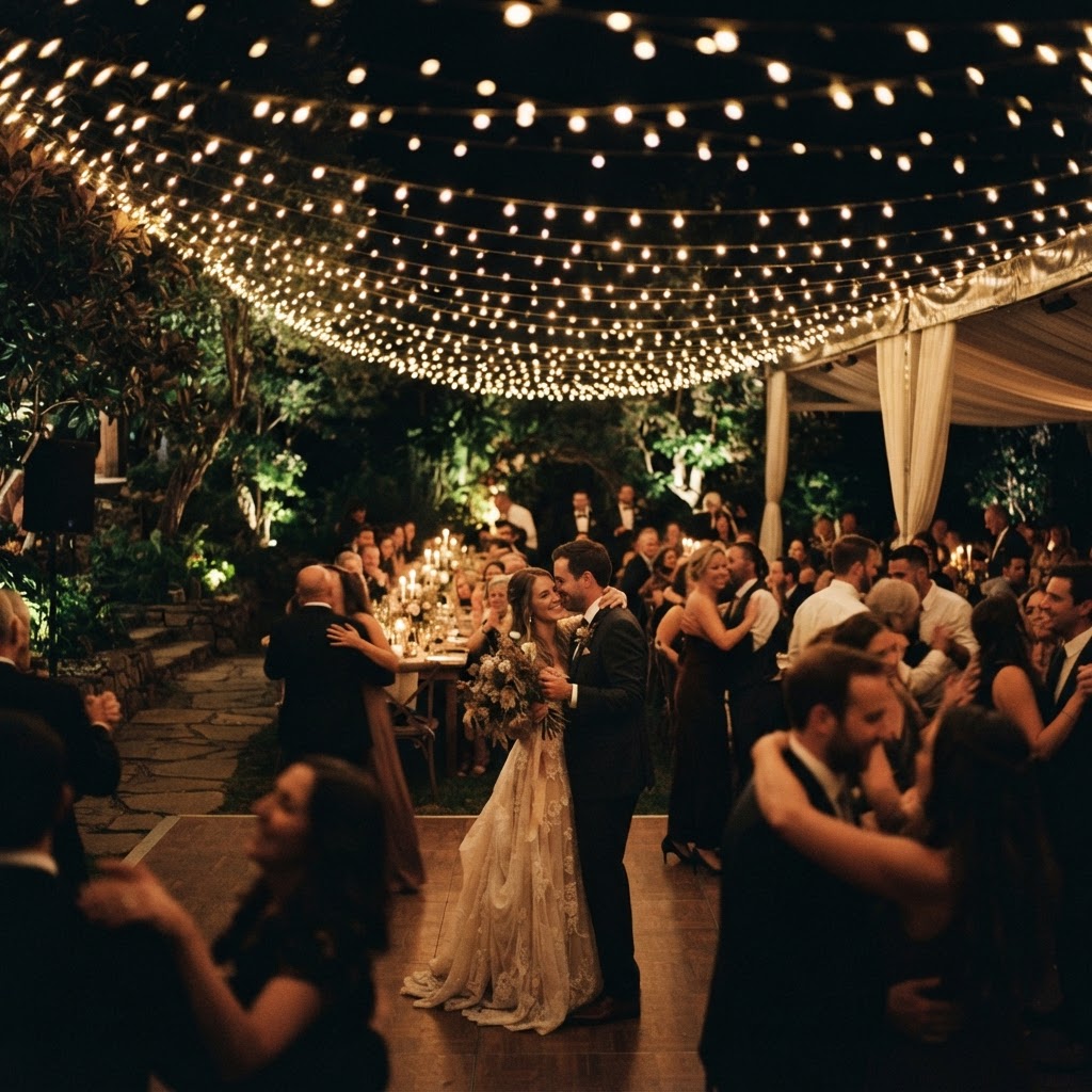 String lights glowing over an evening celebration