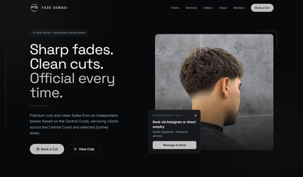 Fade Sensei — premium barber website preview
