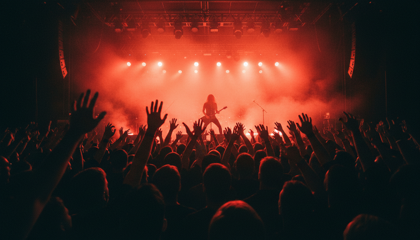 Sea of hands at a live rock concert, lit by dramatic red stage lighting