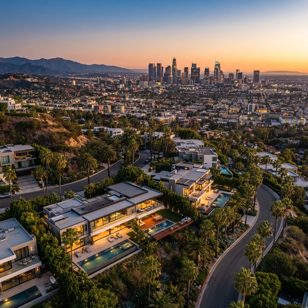 Aerial view of Los Angeles hillside homes at golden hour