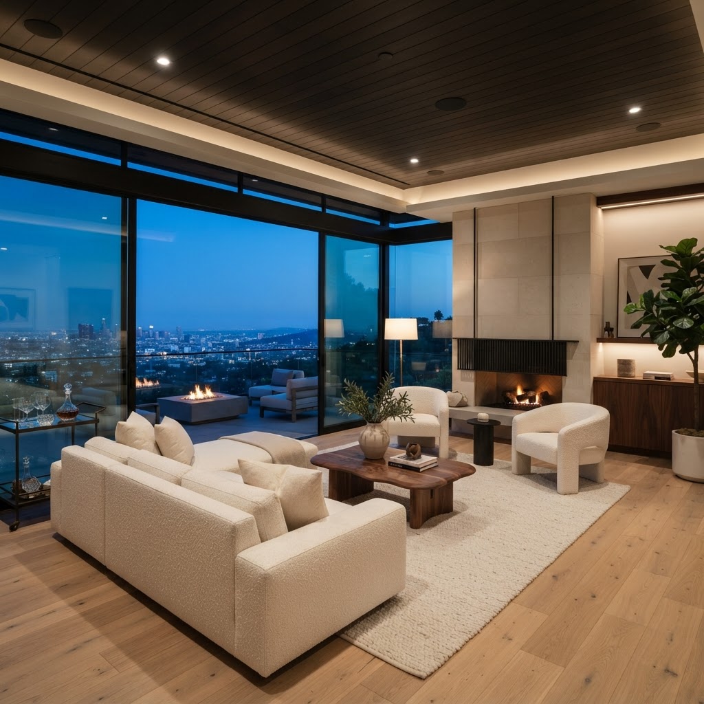 A contemporary Los Angeles living room at dusk