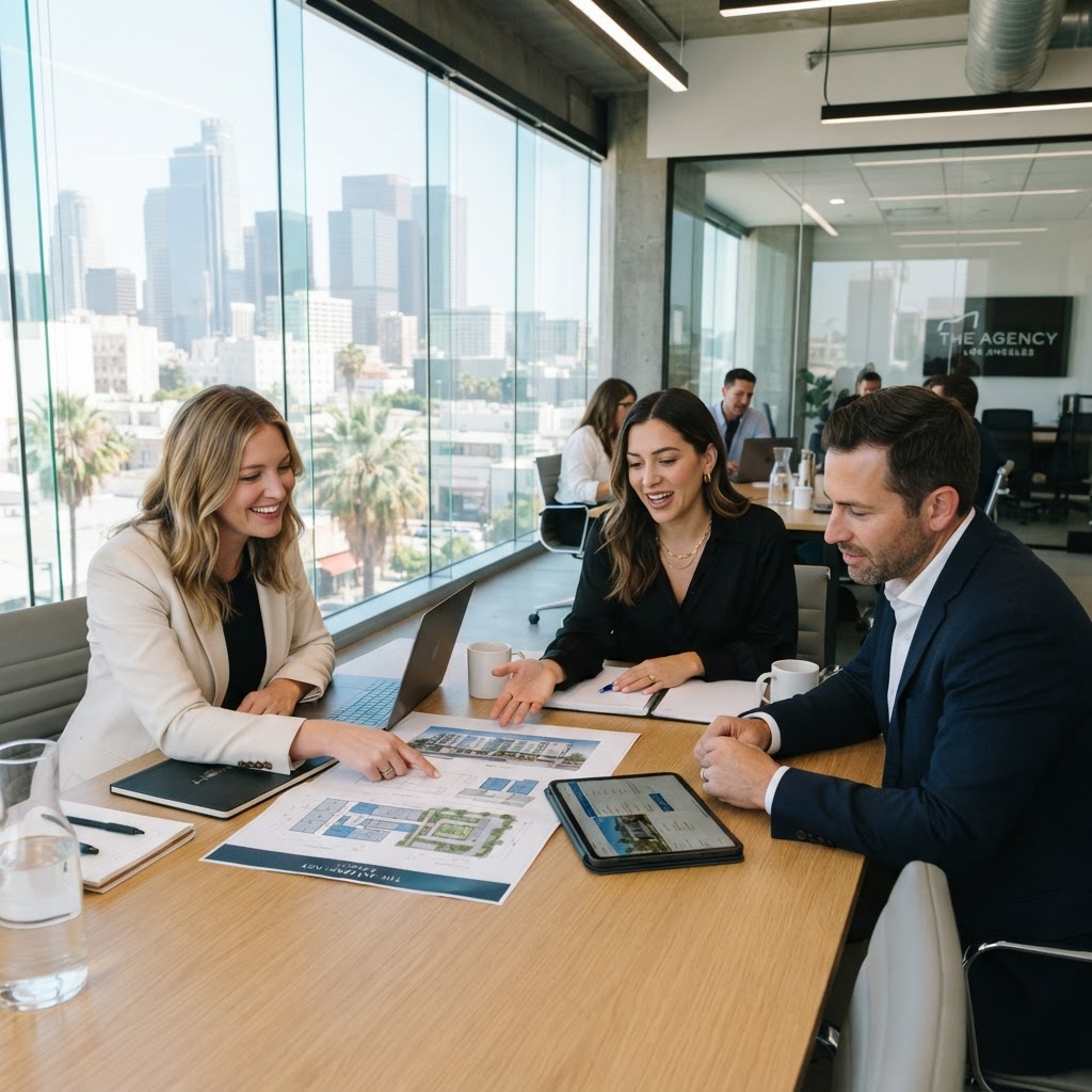 The Realty Marketing team reviewing property plans in the Los Angeles office