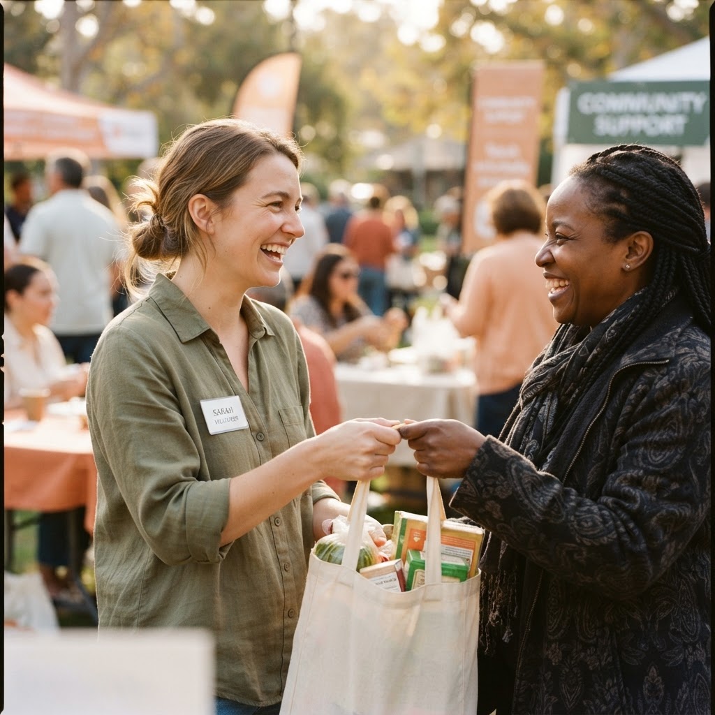 A community volunteer connecting with a community member at a Sense of Community outreach event