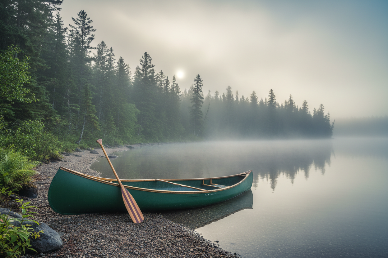 Canoe on a misty lake at dawn