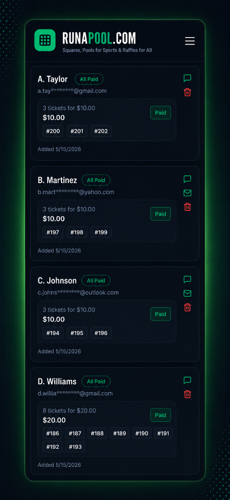 RunAPool raffle dashboard