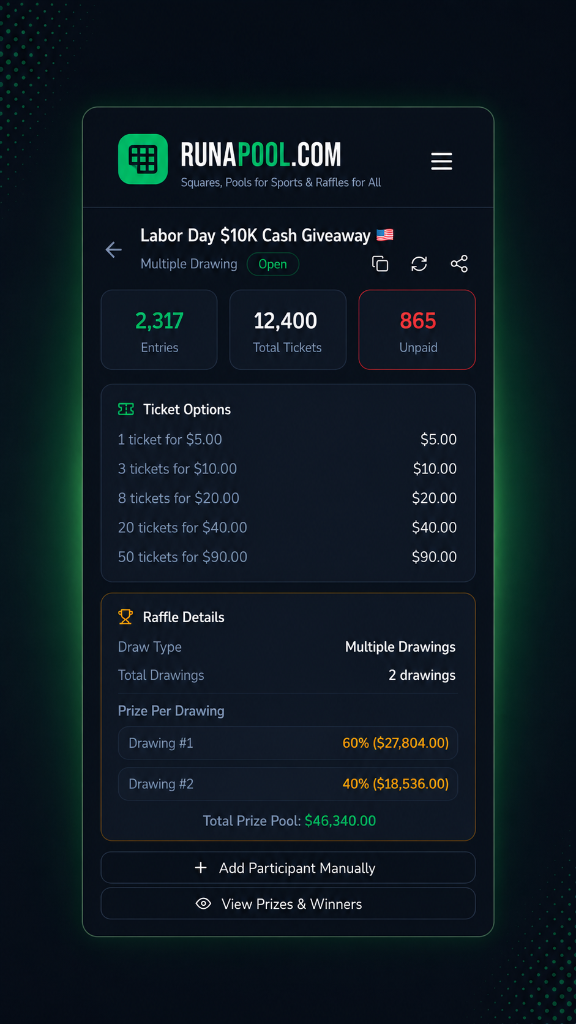 RunAPool raffle dashboard