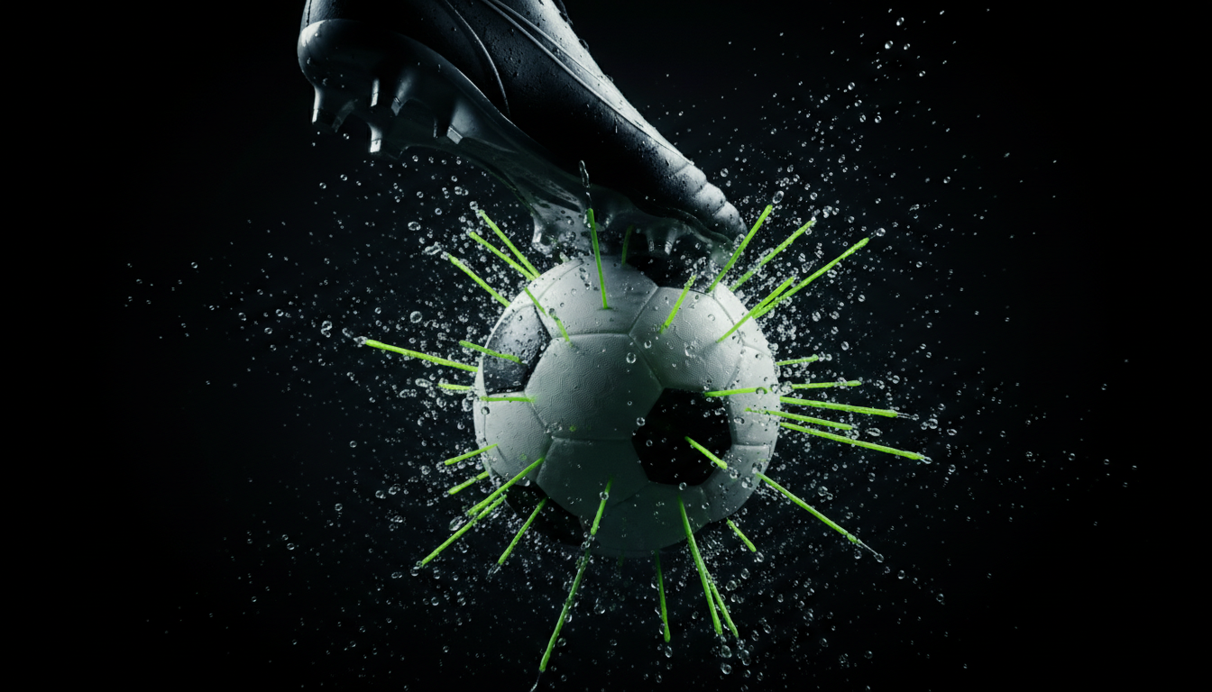 Extreme macro of soccer boot making contact with ball