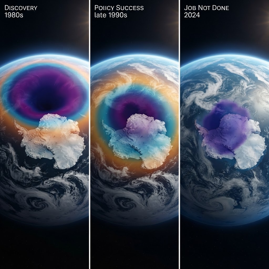 The Ozone Hole: From a Cold-Case Discovery to a Policy Success — and Why the Job Isn’t Done