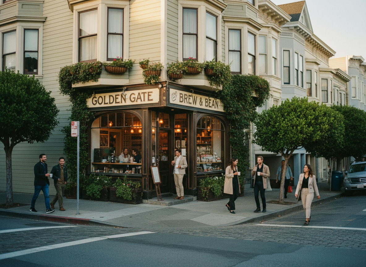 Charming San Francisco neighborhood street with boutique coffee shop and warm evening light