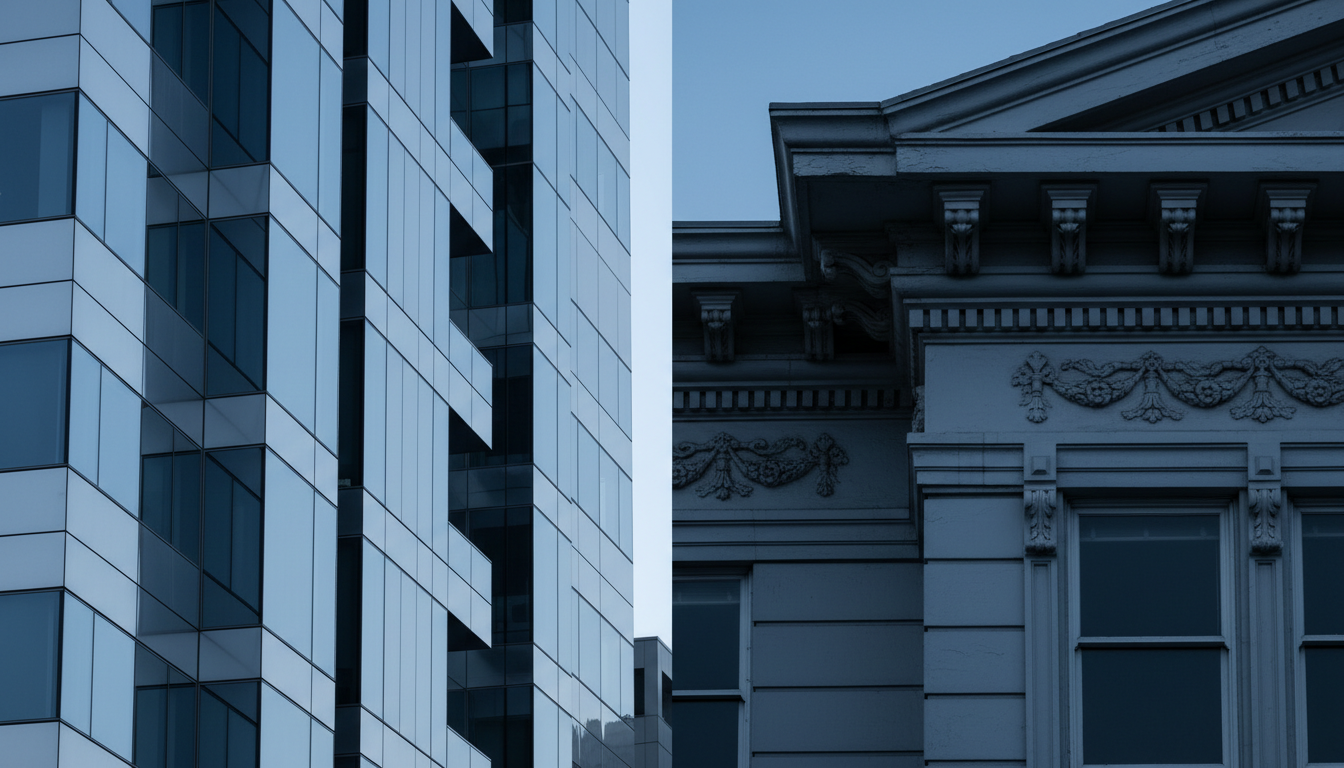 Architectural contrast: modern glass high-rise vs ornate Victorian details in San Francisco