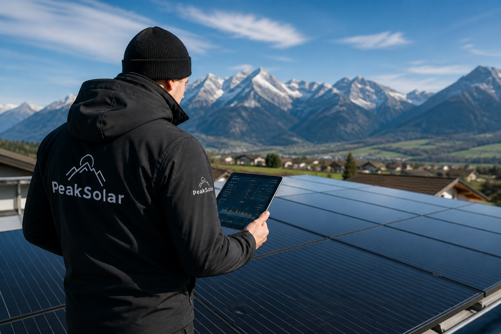 PeakSolar Techniker prüft Solaranlage auf dem Dach — PV-Reinigung und Photovoltaik Wartung Schweiz