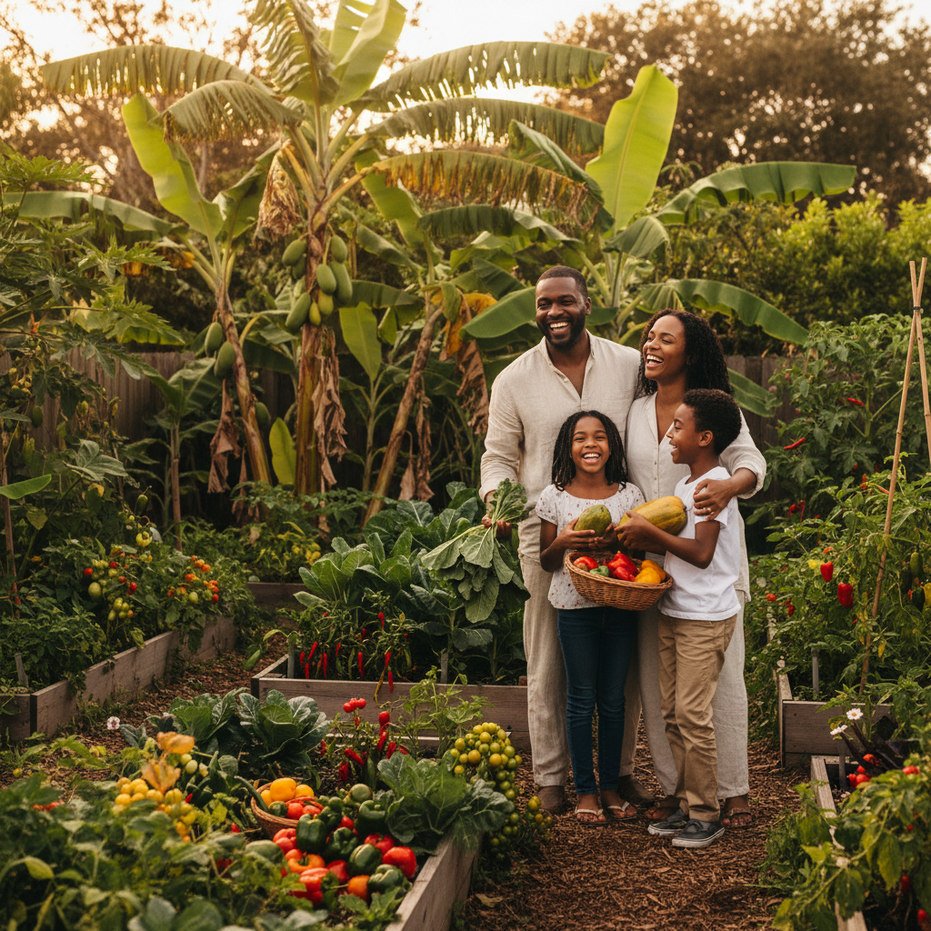 A family carrying baskets of vegetables they grew in their own backyard