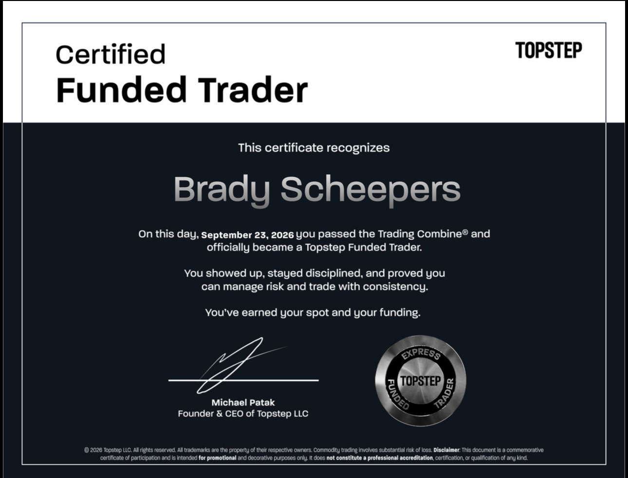 Certificat prop firm 10