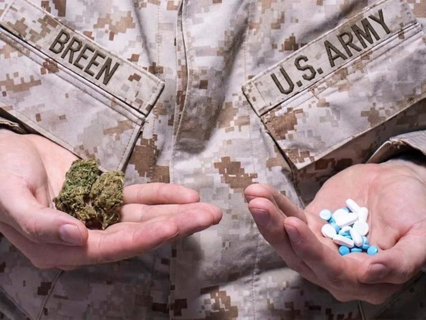 A U.S. Army veteran in digital camouflage uniform holding cannabis flower in one hand and pharmaceutical pills in the other — a documentary photograph illustrating the choice many veterans face