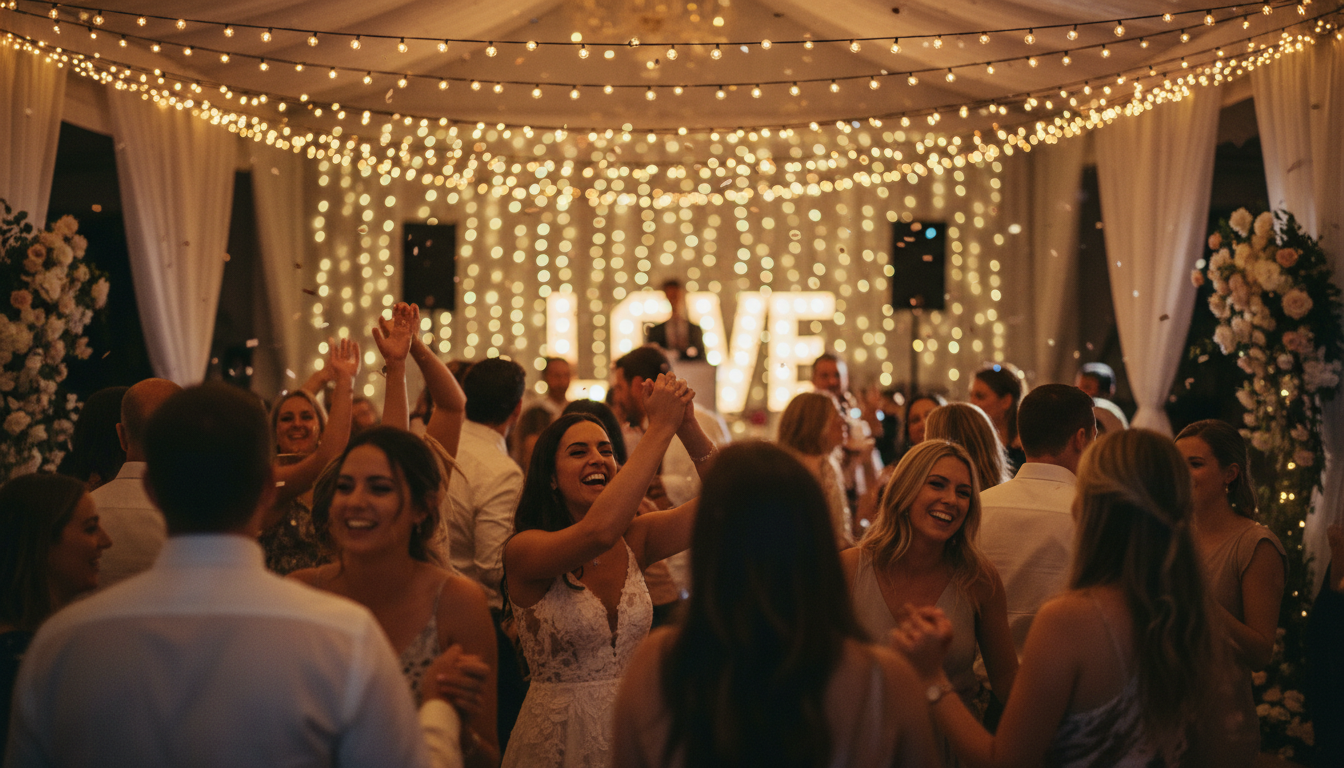 Wedding dance floor with golden string lights and energetic guests