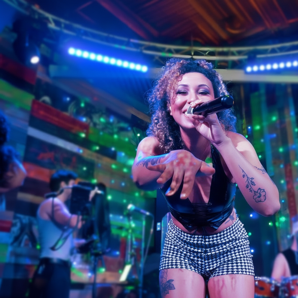 Live performer on stage with colorful venue lighting