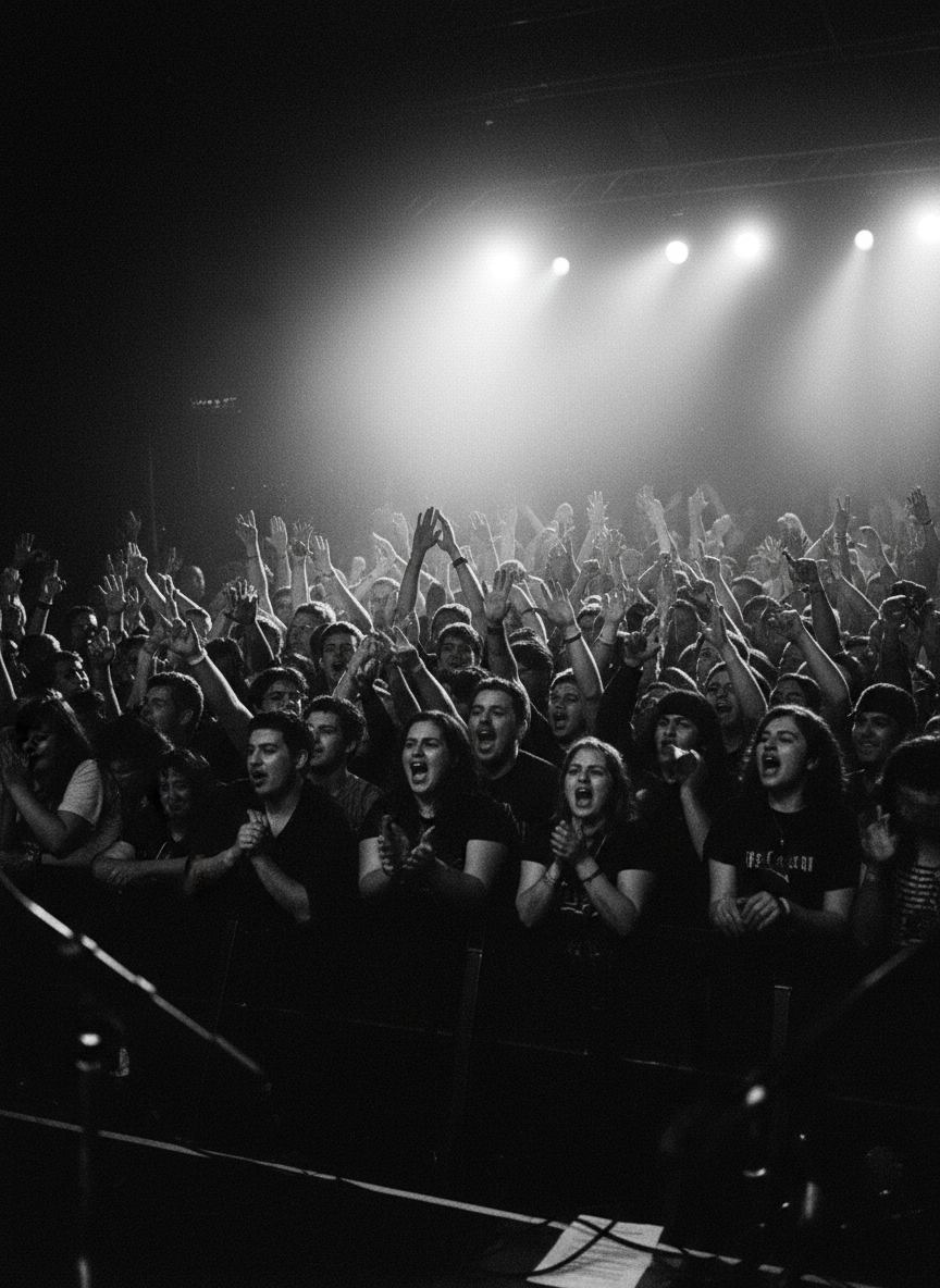 Crowd cheering at an event in dramatic black and white