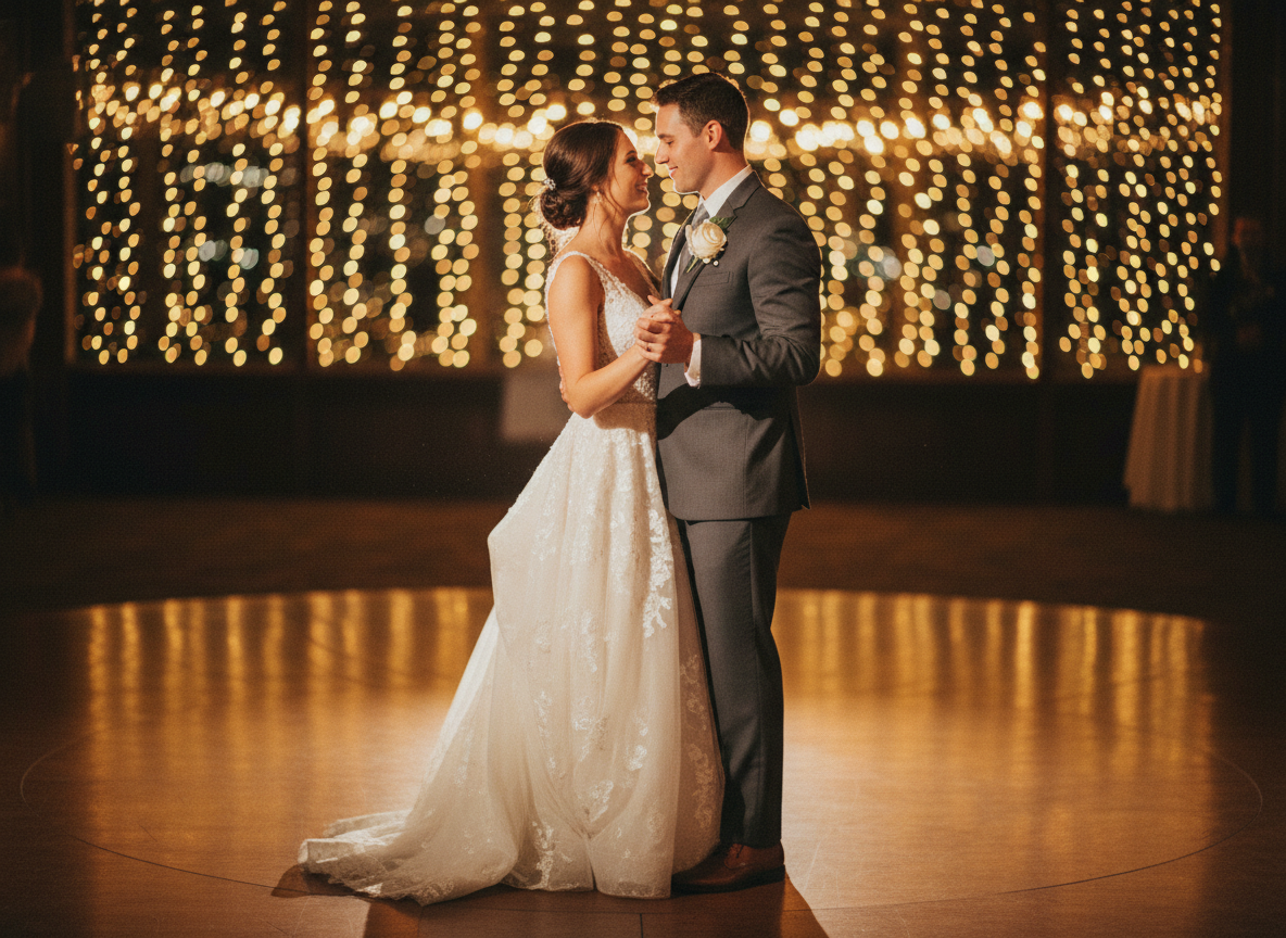 Bride and groom first dance under warm golden lights