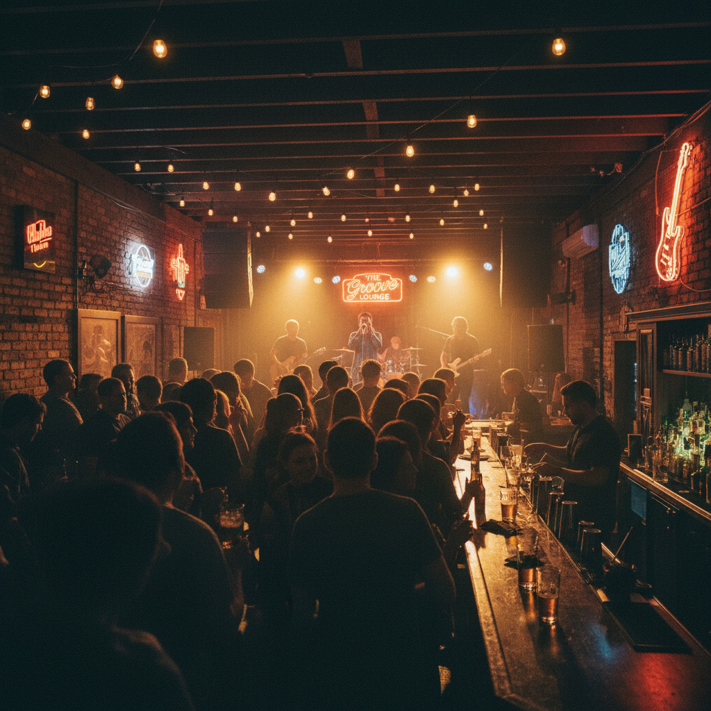 Packed bar with live music and warm amber lighting