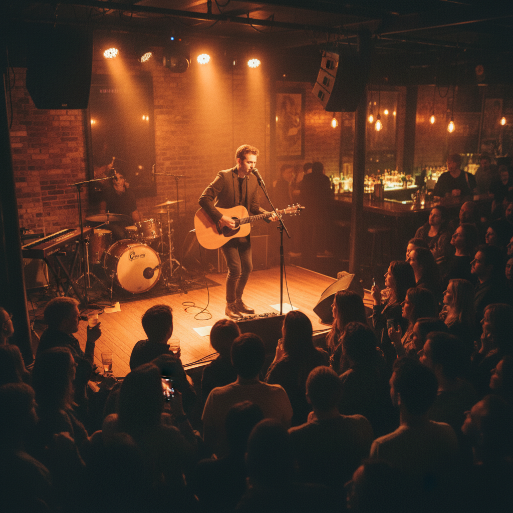 Live performer on stage at a crowded moody bar