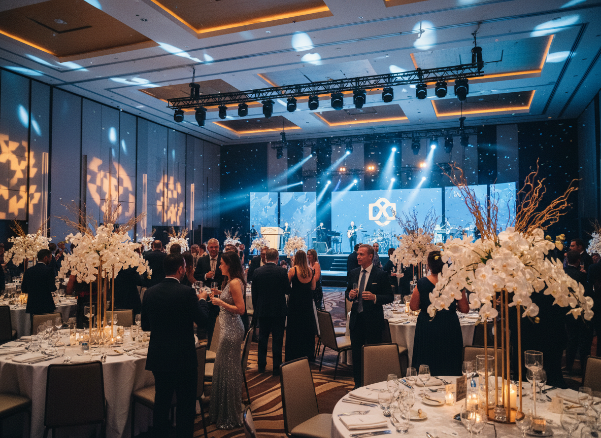 Sophisticated corporate gala with blue and gold lighting