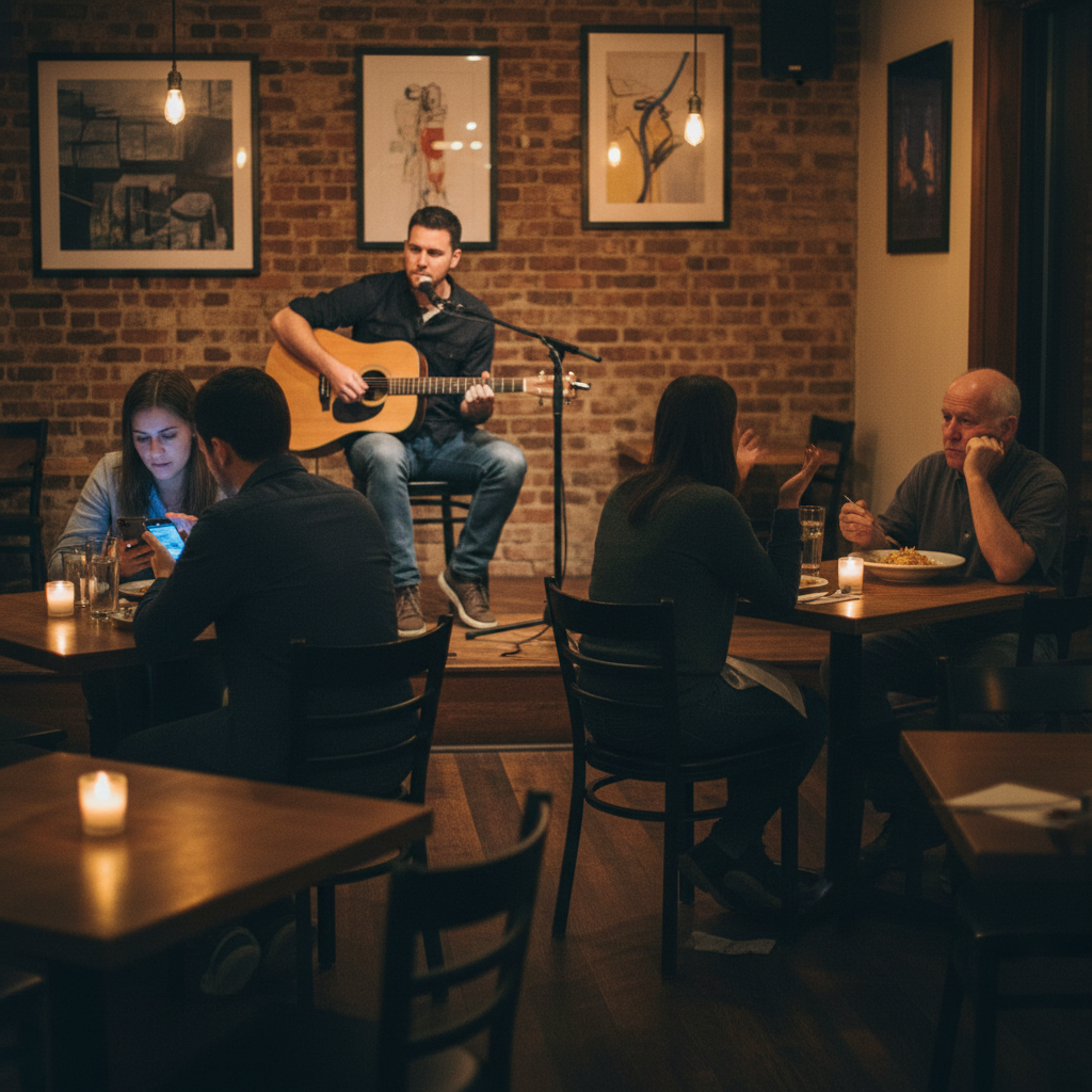 Quiet restaurant with acoustic performer and disengaged crowd