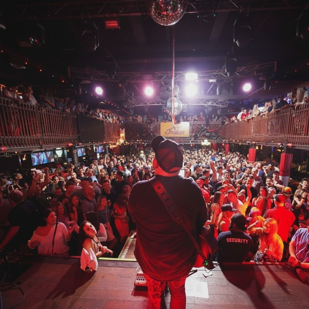 Packed venue with DJ and energetic crowd