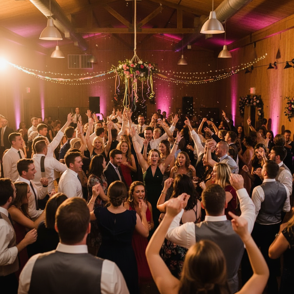 Wedding celebration with large crowd, hands in the air, energetic dance floor