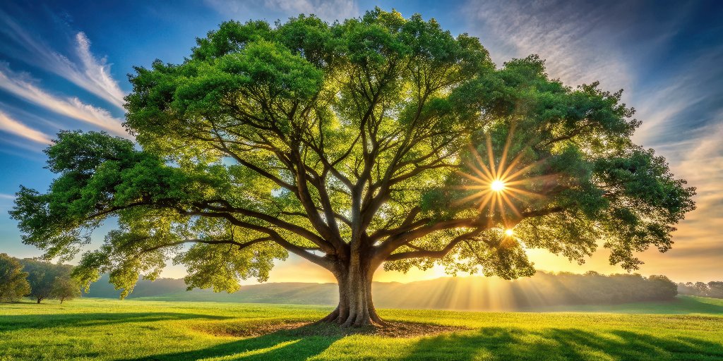 Majestic tree silhouetted against golden sunrise