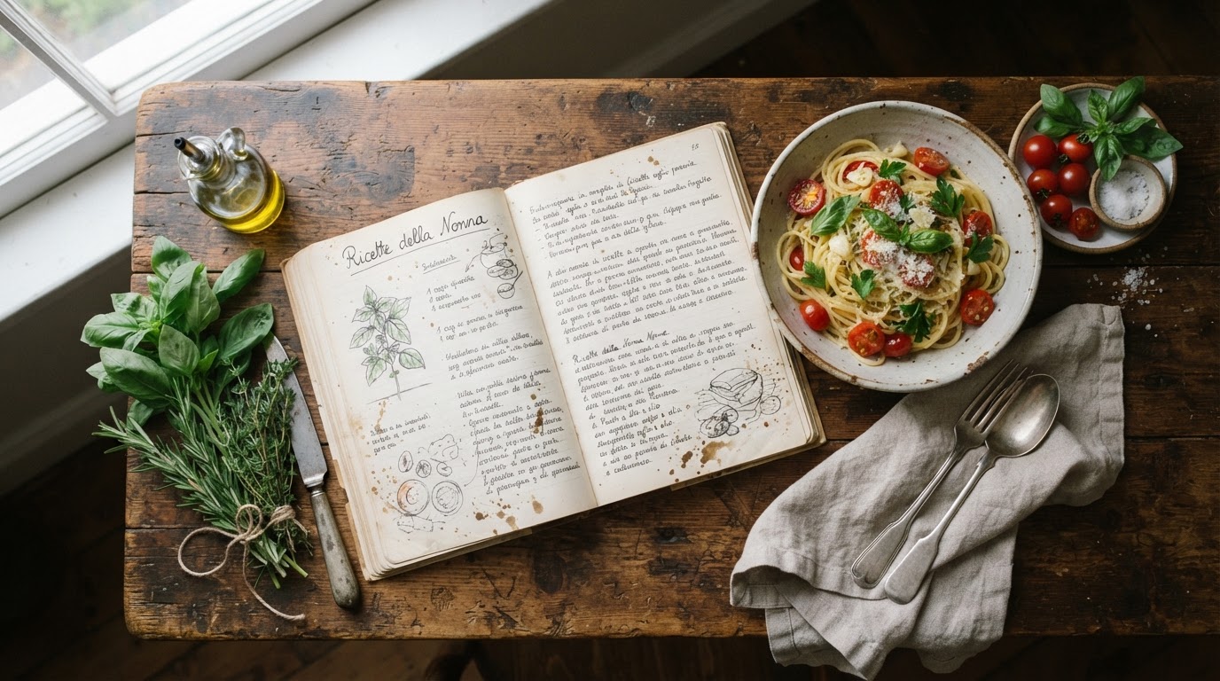 Cookbook open on a rustic table with fresh ingredients