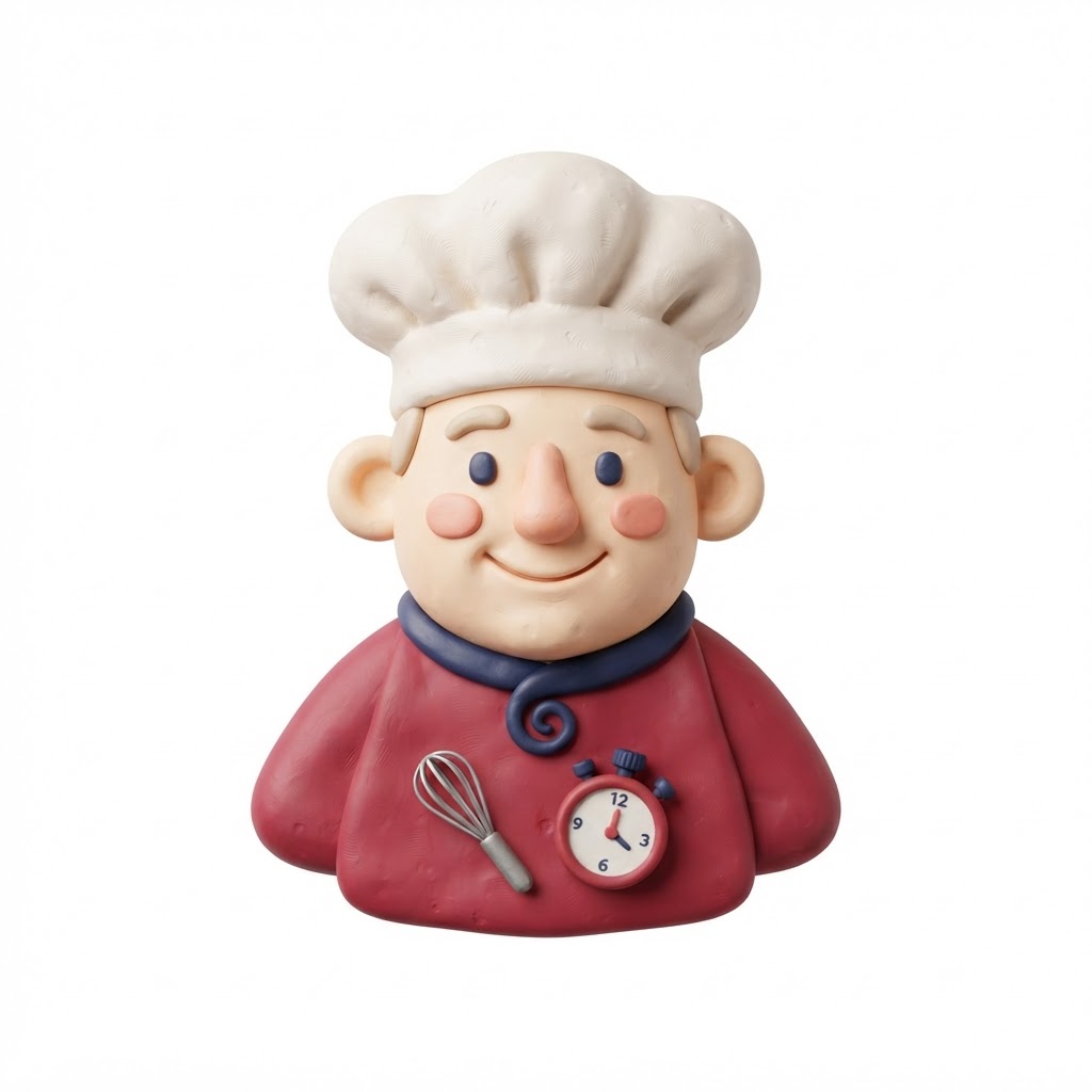 Clay chef mascot with a whisk and timer