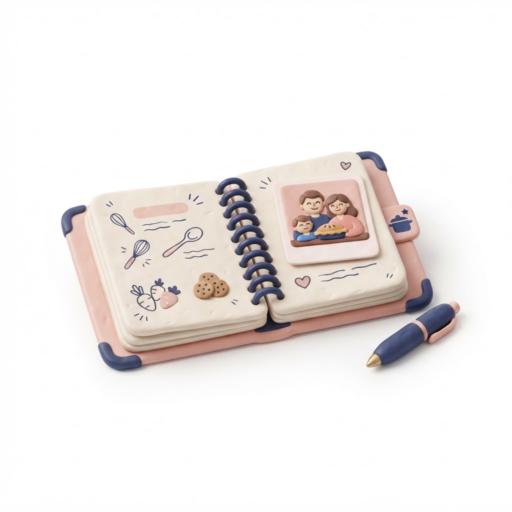 Clay family cookbook with a photo card and pen