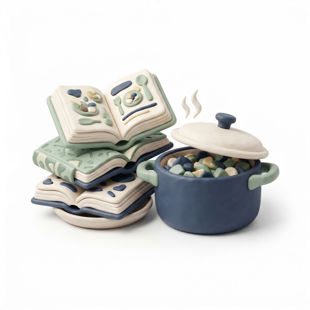 Clay cookbooks beside a batch-cooking pot