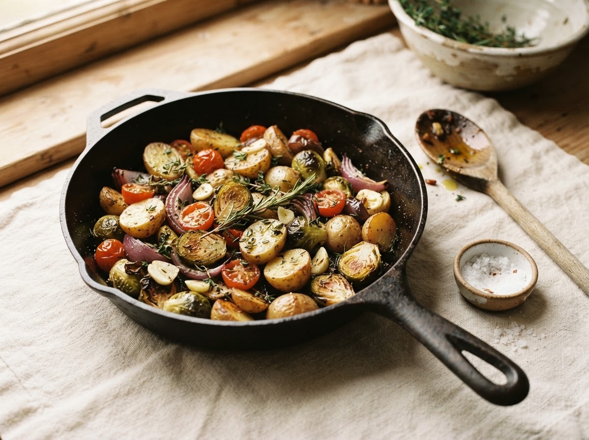 Skillet of roasted vegetables on linen