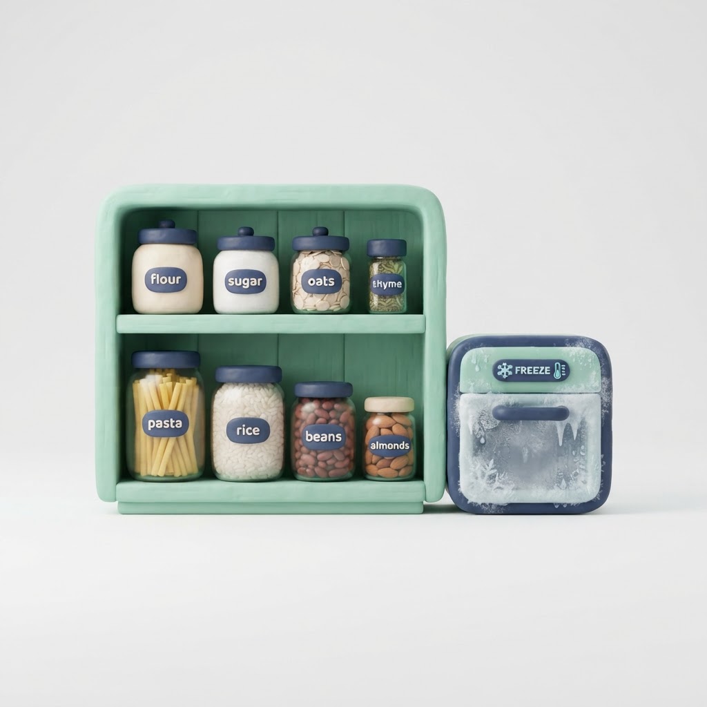 Clay pantry shelf with jars and a freezer drawer