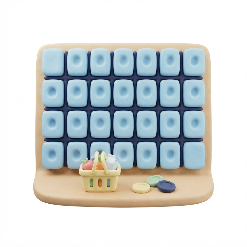 Clay calendar with a grocery basket and coins