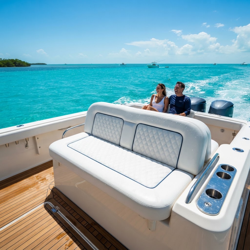 White marine boat seats with turquoise water