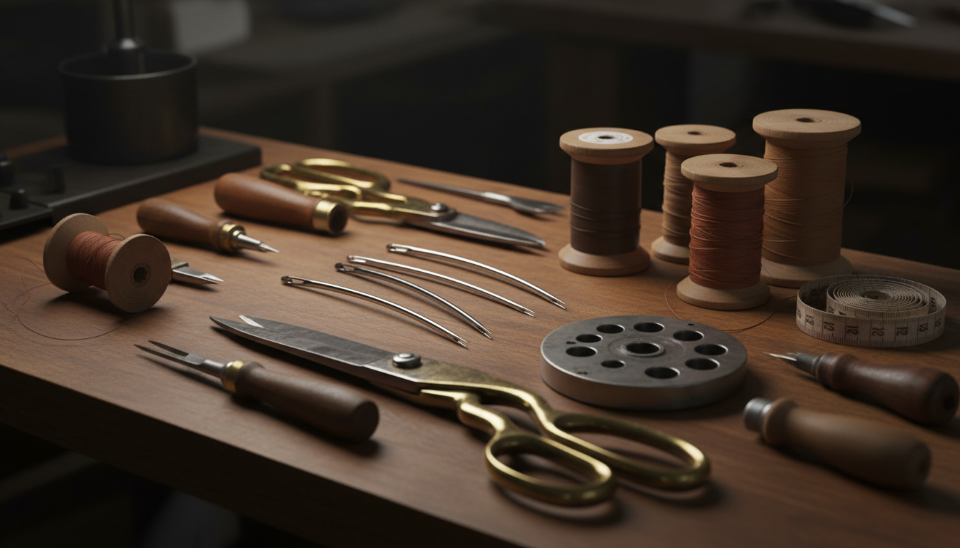 Professional upholstery tools on workbench