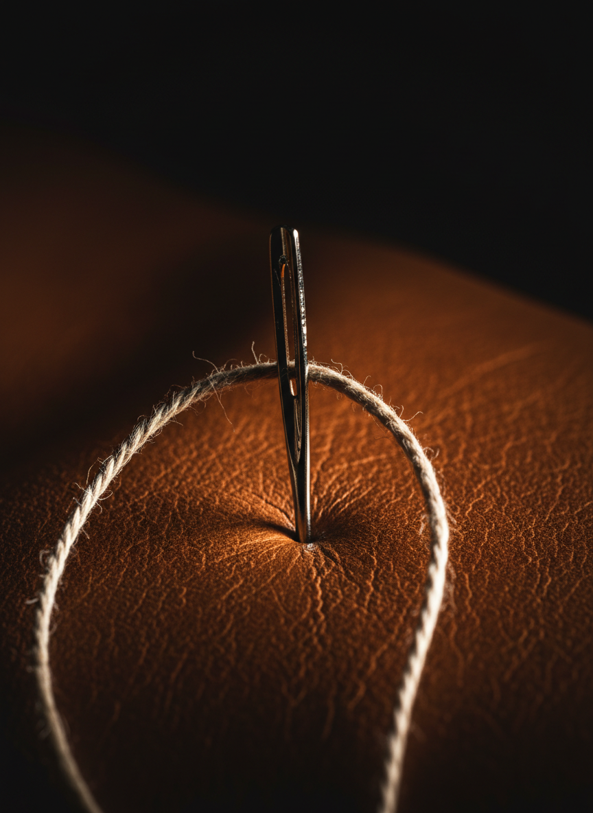 Macro close-up of premium leather being hand-stitched