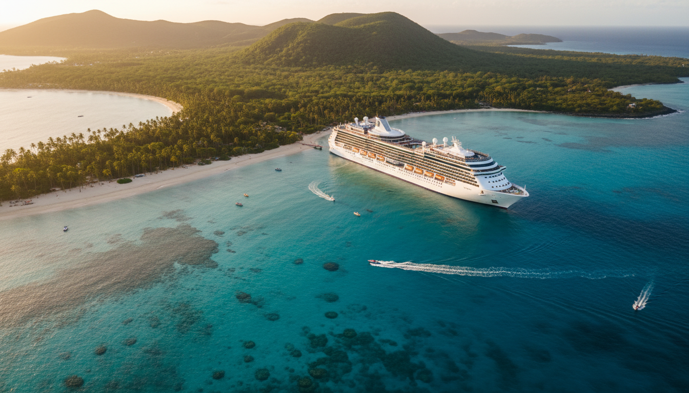 Caribbean cruise ship near tropical island with crystal clear turquoise water