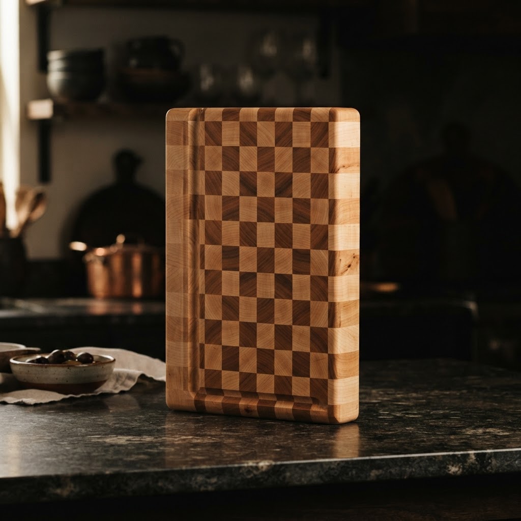 Wooden cutting board with a knife and herbs