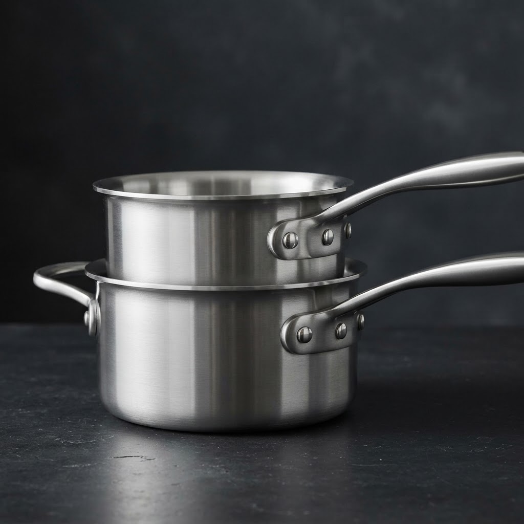 Stainless steel saucepans on a stove
