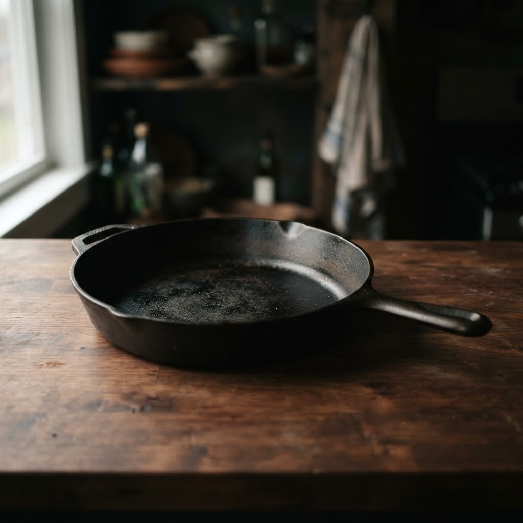 Seasoned cast iron skillet on a wooden surface