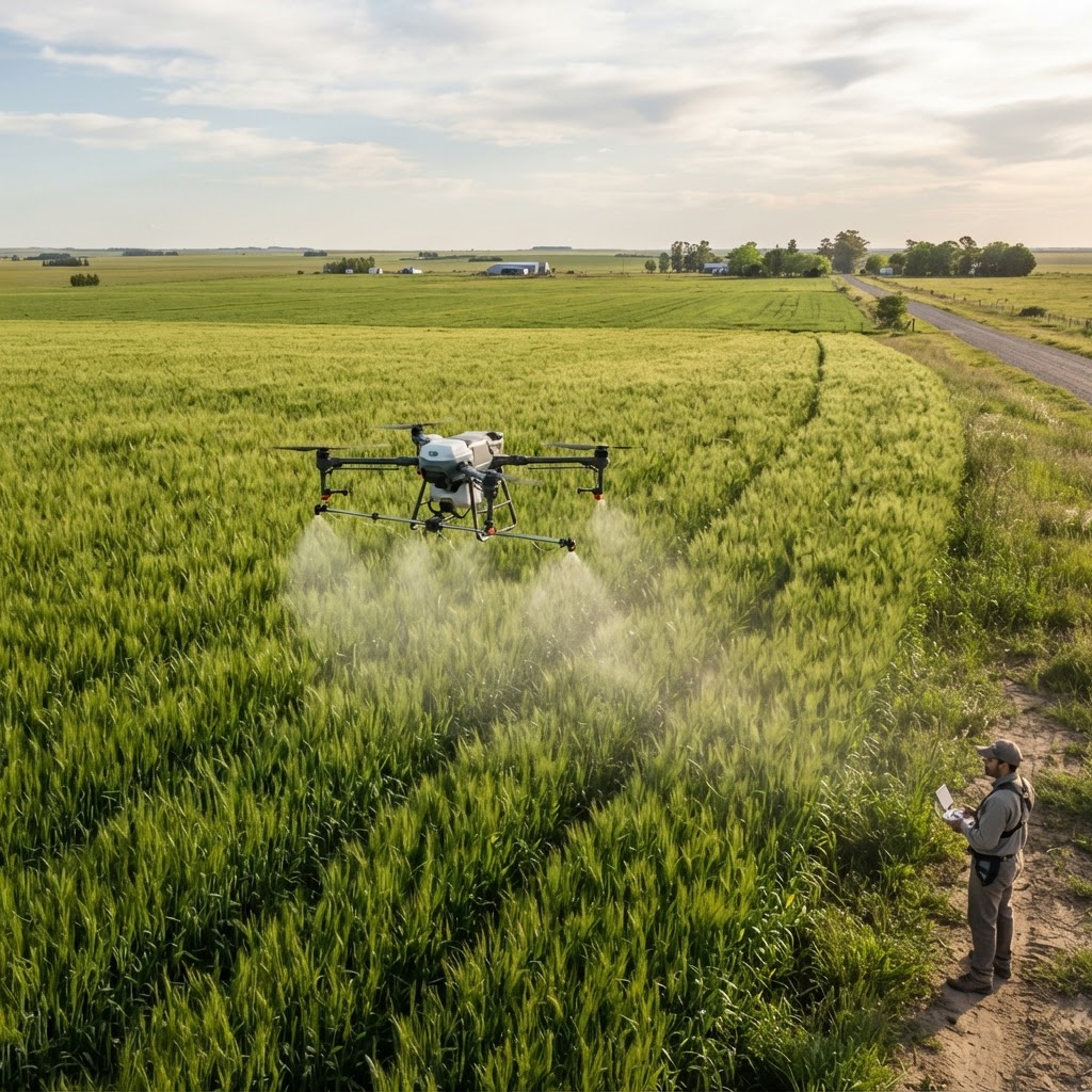 Fungicida en trigo y control de roya con drones