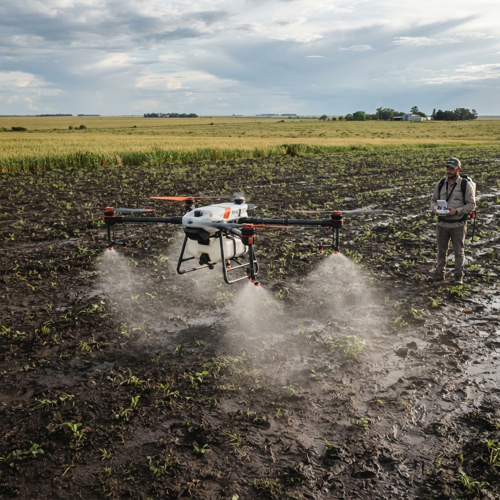 Herbicida en barbecho con drones: por qué entrar con piso blando