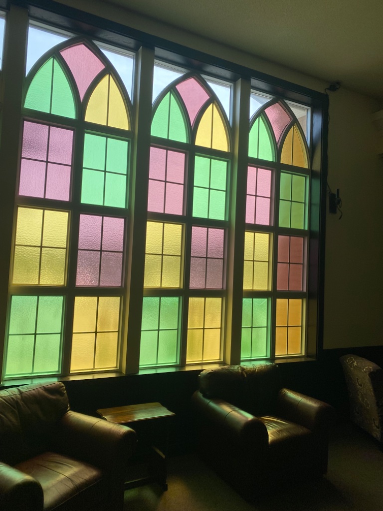 Stained glass window at Compass Community Church