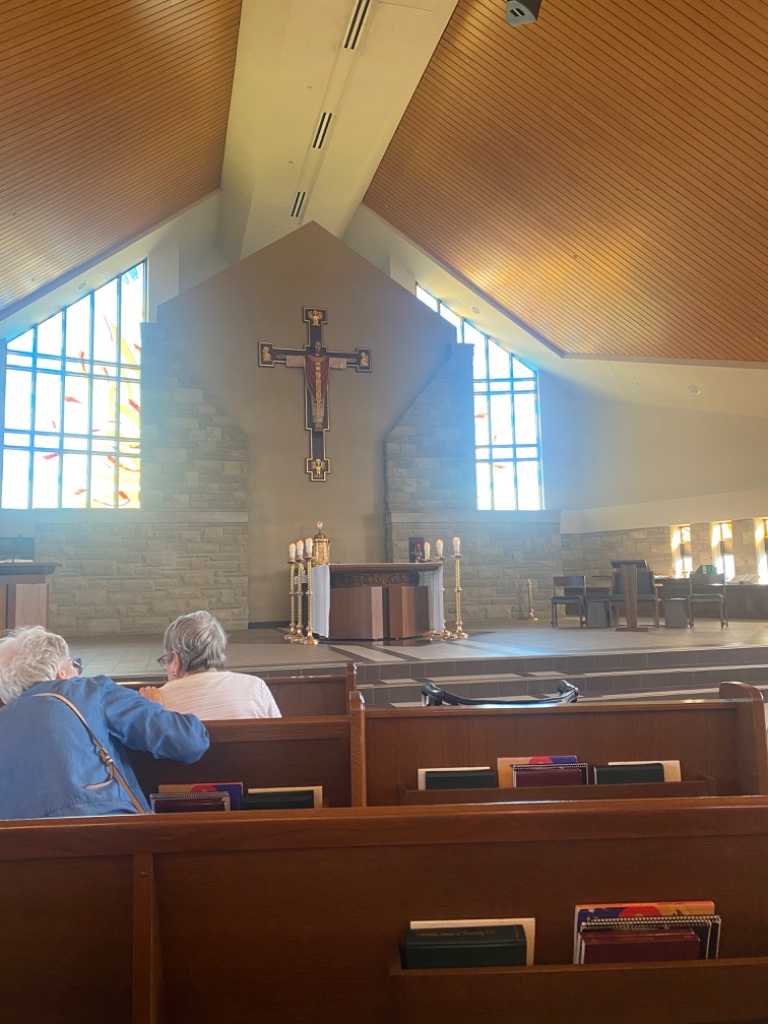 Sanctuary interior looking toward the altar and crucifix