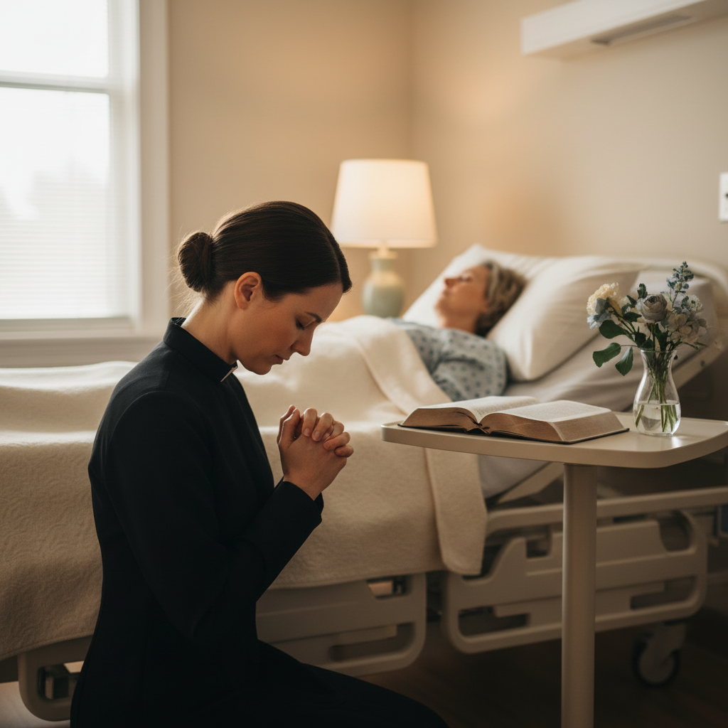 A woman pastor praying by a hospital bedside