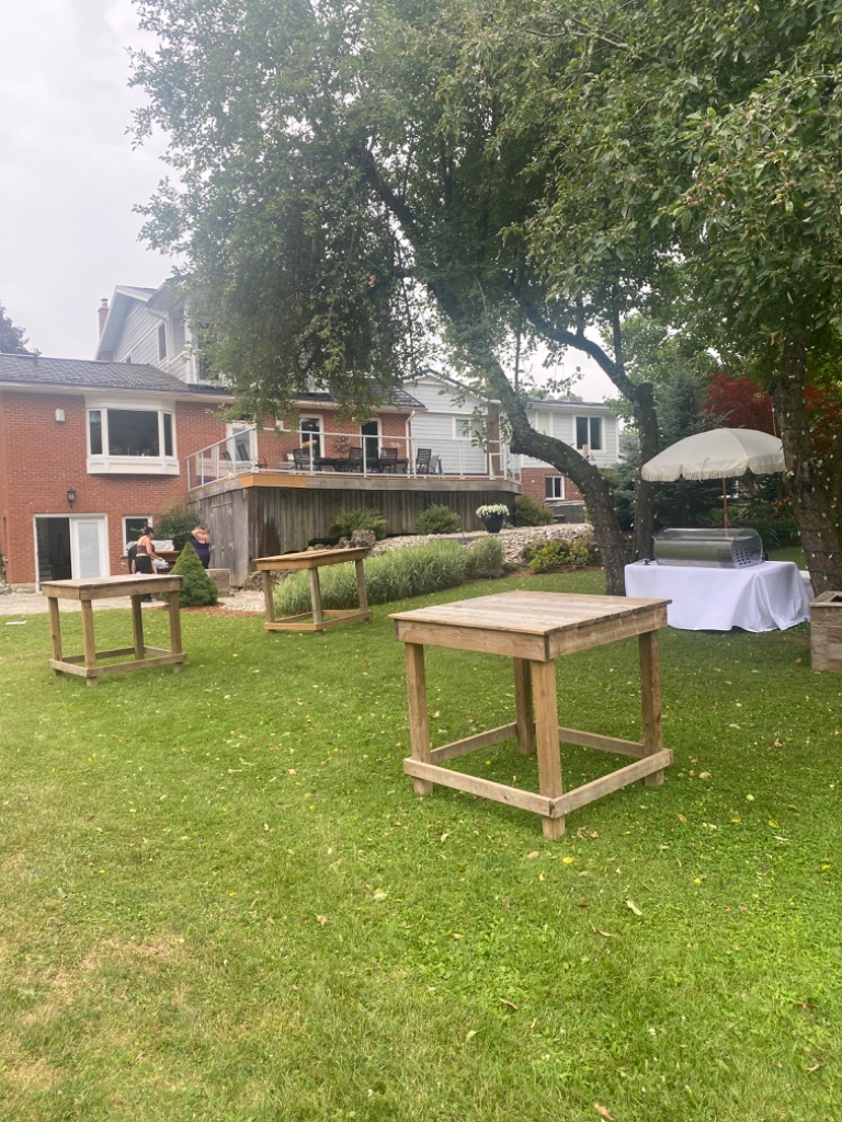 Backyard reception with standing tables under the trees
