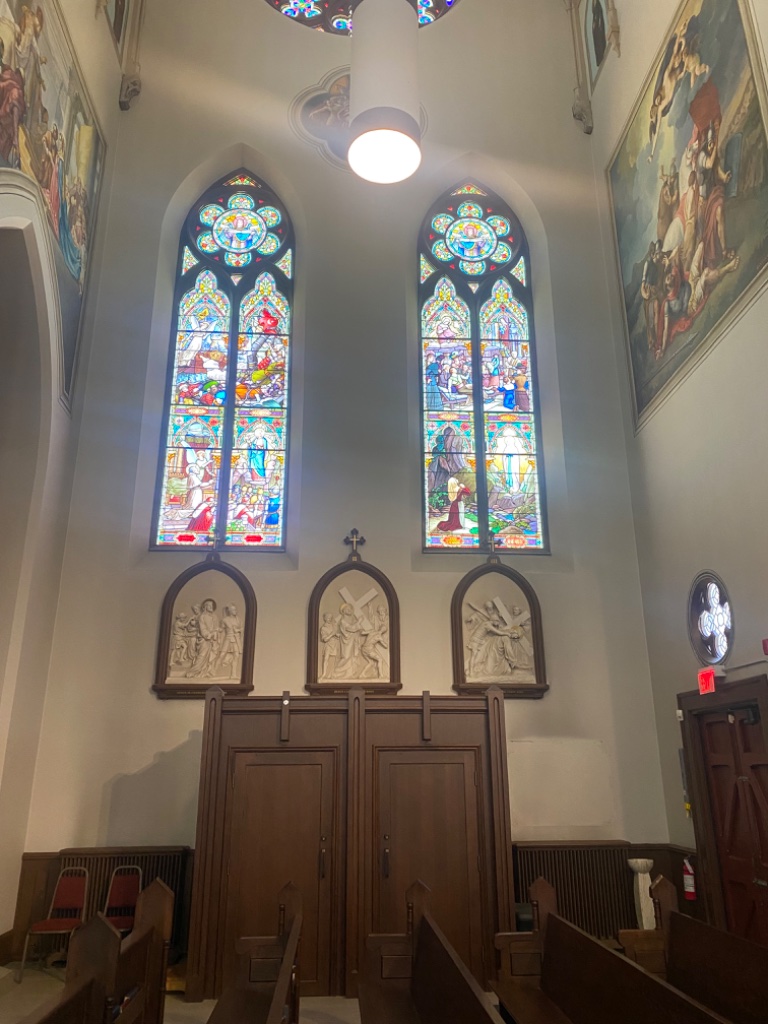 Stained glass windows and Stations of the Cross reliefs